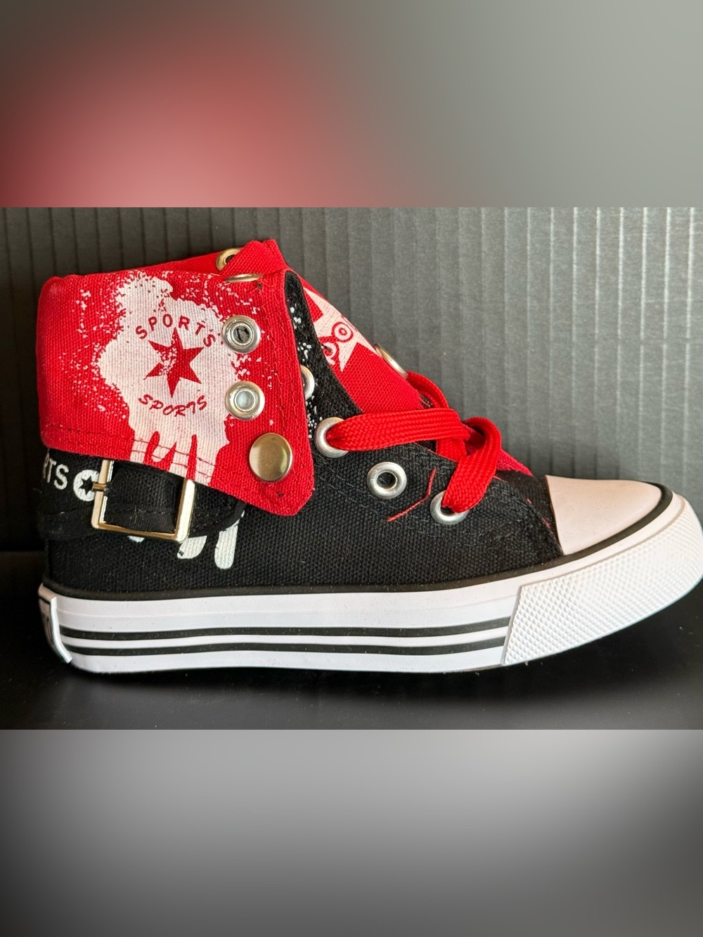 Collection’O Toddler High-Top Canvas Sneakers - Black & Red Fold-Down